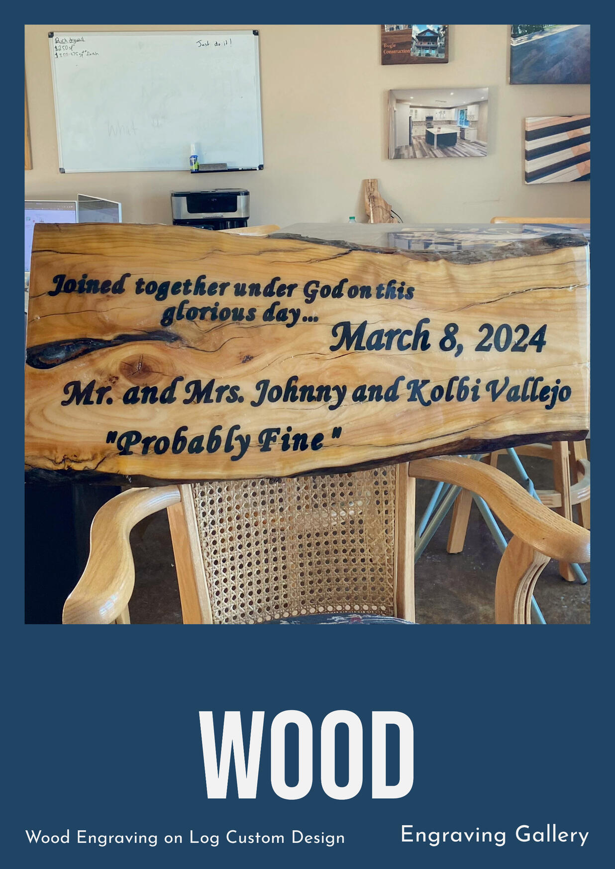 Wood Engraving on Log. Custom Design, with Epoxy Coat, Stain, and Color.