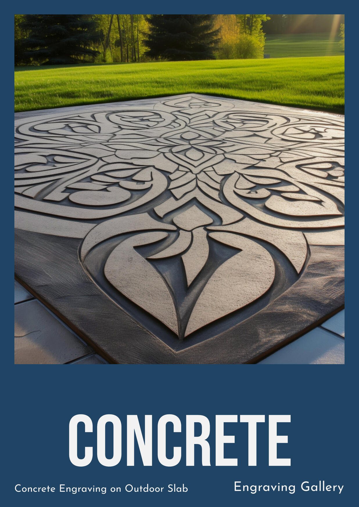 Concrete Engraving on Outdoor Concrete Slab. Custom Color and Detail.